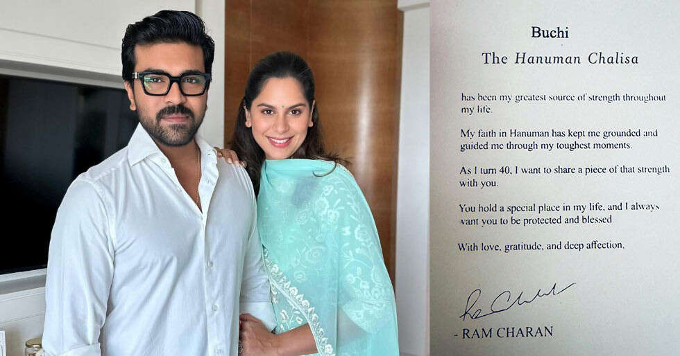 You are currently viewing Ram Charan & Upasana Gift Hanuman Chalisa And Cheriyal Mask To Peddi Director